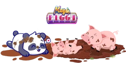 A cartoon panda bear wearing a red heart floats on its back with a happy expression as three piglets play in a mud puddle. The "Magic Piggies" logo is at the top.