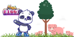 A cartoon panda wearing sneakers winks and gestures towards a pink piggy bank with a magician's hat and the words "Magic Piggies" on it. Several pink piglets stand nearby, with a tree and clouds in the background.