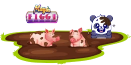 Two cartoon piglets wallow in a mud puddle, as a panda character looks on with a happy expression. The "Magic Piggies" logo is visible.