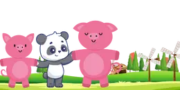 Two pink pigs and a panda bear stand with their arms outstretched in a field with green blades and two white windmills in the background.