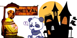 Digital art of a thinking cartoon panda next to a figure in restraints with a "MENTAL" sign above, set against a spooky, moonlit background with a haunted house.