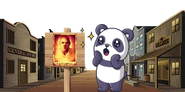 Digital art of a surprised cartoon panda standing next to a "Wanted" poster featuring a human face in a Western-style street.