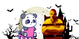 Digital art of a cartoon panda in a pink high chair facing a seated figure with a shaved head and yellow outfit in a spooky, moonlit scene with bats.