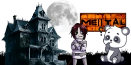 A panda and a human stands in front of a spooky mansion with MENTAL logo and moon in the background.