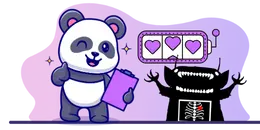 Cartoon panda with clipboard and winking, next to a slot machine with hearts and a monster character.