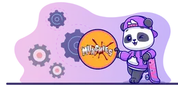 Cartoon panda with skateboard and "Munchies" sign, with gears in the background.