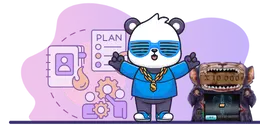 Cartoon panda with "PLAN" document, gears, and a slot machine.