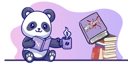 Cartoon panda reading a book and holding a drink, with a "MUNCHIES" book and stack of books nearby.