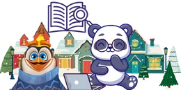 Cartoon penguin and panda in winter scene with book, magnifying glass, and village backdrop.