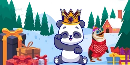 Cartoon panda wearing a crown, surrounded by gifts, with a penguin in a winter forest scene.