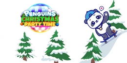 "Penguins Christmas Party Time" logo with a cartoon panda on a skateboard in a snowy forest.