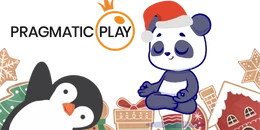 "Pragmatic Play" logo with cartoon panda and penguin in a winter holiday scene.