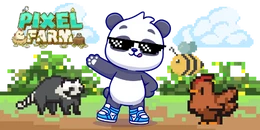 A pixelated cartoon panda wearing sunglasses and sneakers, waving.