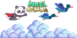 Pixel art panda superhero flying with ducks.