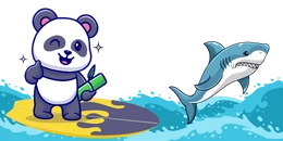 A cartoon panda giving a thumbs-up and holding bamboo, standing on a surfboard with a shark swimming nearby.