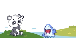 A cartoon panda with a question mark above its head, sitting on a grassy hill with a surprised-looking shark in the water nearby.