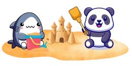 A cartoon shark and panda building a sandcastle together, with the panda holding a shovel.