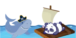 A cartoon shark wearing a pirate hat swims towards a sleeping panda on a raft with a sail.