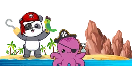 Cartoon panda pirate with a parrot and hook, standing next to a one-eyed octopus pirate on a tropical beach with rock formations.