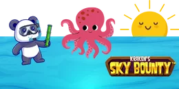 A cartoon panda in snorkeling gear holds a bamboo shoot, next to a pink octopus and a "Kraken's Sky Bounty" sign, with a smiling sun above.