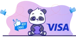 A cartoon panda character winking and holding a purple ball, with the Visa logo and "Best Choice" badge, on a grey and purple background.