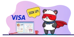 A cartoon panda dressed as a superhero with a red cape and eye mask, standing next to a laptop displaying a Visa application, with a "Sign Up!" speech bubble.