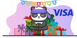 A cartoon panda wearing a purple headband, sitting in a meditative pose surrounded by gift boxes, with a "Welcome" banner above and the Visa logo to the right.