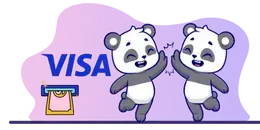 Two cartoon pandas joyfully high-fiving, with the Visa logo on the left and an ATM with a protruding card on the bottom left, against a gray and purple background.