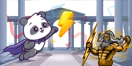 A flying panda and Zeus with a lightning bolt, in a cartoon style.