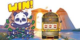 A cartoon panda with piles of cash and a "WIN!" sign, next to a slot machine.