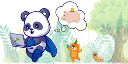 A cartoon panda wearing a superhero cape types on a laptop, a thought bubble shows a piggy bank, and a tiger and worm are in the background.