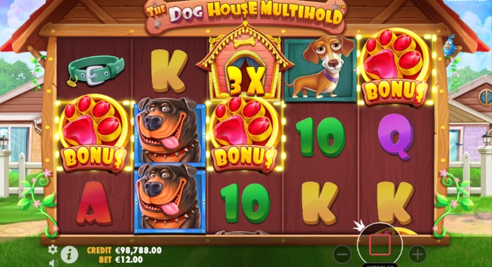 A screenshot of The Dog House Multihold slot game by Pragmatic Play, showing a 5x3 reel grid with dog and bone symbols, highlighting several BONUS symbols and a BX symbol in a small dog house, with a credit of €98,788.00 and a bet of €12.00.