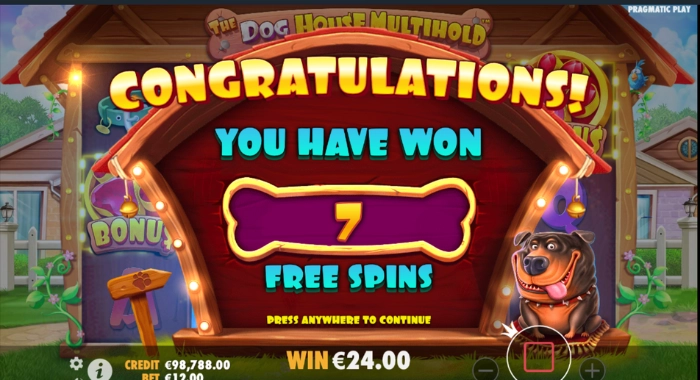 A screenshot of The Dog House Multihold slot game by Pragmatic Play, showing a Congratulations message for winning 7 free spins, with a cartoon dog character to the right and a credit of €98,788.00.