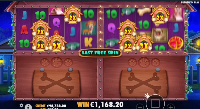 The Dog House Multihold slot screenshot: last free spin wins €1,168.20, total credit €98,788.00.