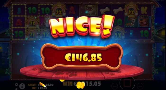 A screenshot of The Dog House Multihold slot game by Pragmatic Play, showing a winning spin with the message NICE! and €146.85 won, with a total credit of €98.00 and a bet of €12.00. The reels display various dog and bone symbols, with several dog house symbols marked 2X.