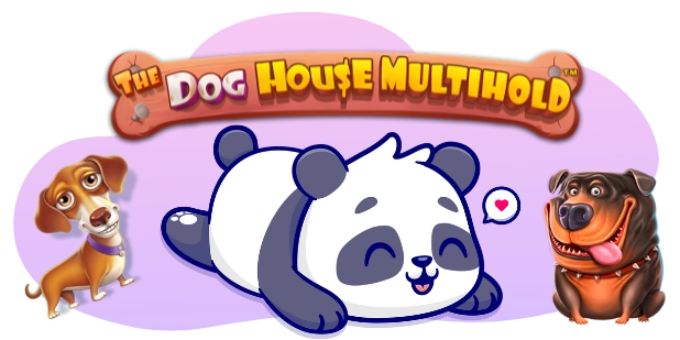 A cartoon illustration of a reclining panda with a contented expression and a small heart near its cheek, with "The Dog House Multihold" logo above, flanked by a small dog on the left and a larger dog on the right, against a gray and purple background.