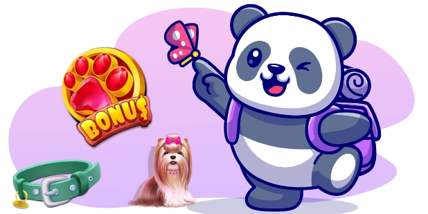 A cartoon panda winks and holds a butterfly, wearing a backpack, with a "BONUS" medallion with paw prints, a small dog with a pink bow, and a green collar with a tag nearby, all against a gray and purple background.