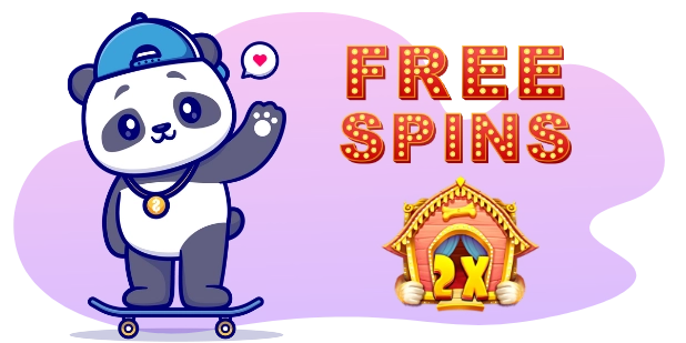 A cartoon panda wearing a blue cap and a necklace with a round pendant, riding a blue skateboard and waving, with a "FREE SPINS" sign in red letters with a yellow dotted outline and a small dog house with the text "2X" on it, all against a gray and purple background.