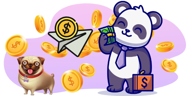 A cartoon panda wearing a tie and holding a briefcase with a dollar sign on it, stands next to a small dog with its tongue out, with gold coins and a paper airplane with a dollar sign on it in the background, all against a gray and purple background.