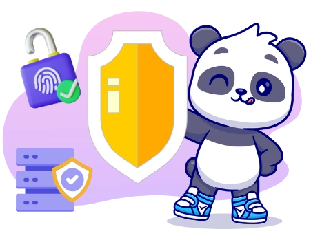 A winking panda bear wearing blue sneakers stands next to a yellow shield, an unlocked padlock with a fingerprint icon, and a server rack with a smaller shield and checkmark.