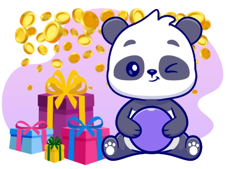 A winking panda bear sits next to a pile of wrapped gifts with ribbons and bows, as gold coins rain down from above.