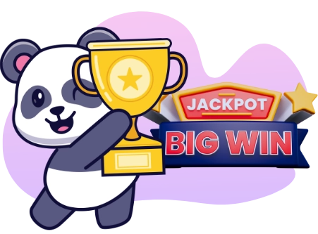 A cartoon panda bear holds a gold trophy, with a 