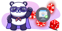 A cool cartoon panda with a cape and sunglasses waves next to a verified account icon, casino chips, and a red die.