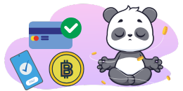 A cartoon panda sits cross-legged, meditating with coins floating around it.