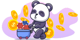 A cartoon panda pushes a small cart full of casino chips, surrounded by floating dollar coins.