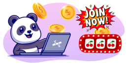 A cheerful panda on a laptop next to a slot machine with JOIN NOW! text.