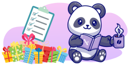 A cute panda reading a book and drinking coffee, sitting next to a stack of gifts and a checklist.