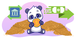 A panda on a pile of gold holding a coin, with a bank icon and a money transfer arrow.