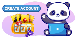A waving panda with a laptop, a slot machine, and a CREATE ACCOUNT button.