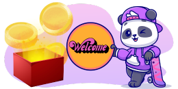 A winking, skateboarding panda in a cap next to a Welcome sign and a box of coins.